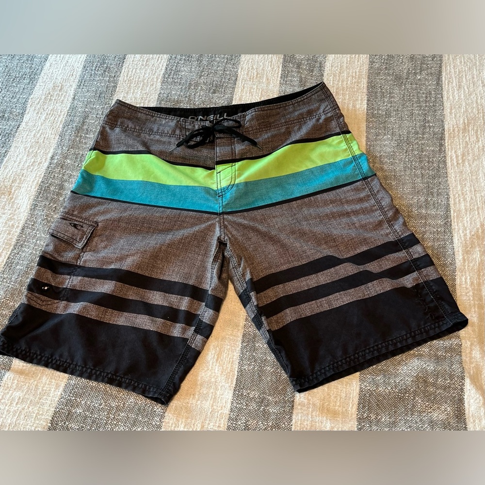 O’Neill Mens SZ 34 Gray Striped Board Shorts - Lime Green/Blue/Black